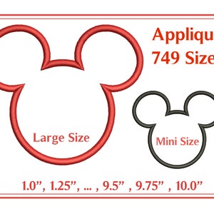 Pode incluir: Um design de aplicação com um contorno vermelho de uma cabeça de rato com o texto "Large Size" e um contorno preto menor com o texto "Mini Size". As opções de tamanho variam de 2,5 cm a 25,4 cm. O texto "Applique" e "749 Sizes" também estão presentes.