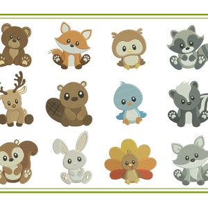 Woodland Bear Owl Turkey Rabbit Fox Beaver Embroidery Design Set Fill Stitch Filled Machine Embroidery Designs