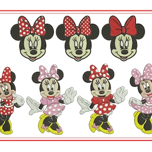 May include: A set of six embroidered images of Minnie Mouse. The images feature Minnie Mouse in different poses, with red, pink, and white polka dot dresses and bows.
