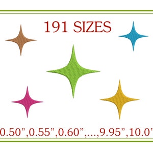 May include: A graphic design of a starburst in five different colors: brown, green, pink, yellow, and blue. The image includes the text "191 SIZES" and a list of sizes in inches: 0.50", 0.55", 0.60", ..., 9.95", 10.0".