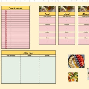 Peut inclure: Un modèle de planificateur de repas numérique sur fond jaune pâle comprenant une liste de courses, un emploi du temps hebdomadaire avec des colonnes de Lundi à Dimanche et une section d'idées de repas avec des photos de nourriture.