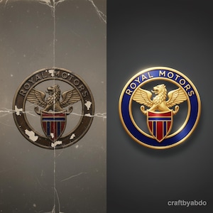 Puede incluir: Dos versiones de un emblema circular con el texto "ROYAL MOTORS". El emblema presenta un león alado sobre un escudo con rayas rojas y azules. Uno está envejecido y desgastado, el otro es brillante con detalles dorados y azules.