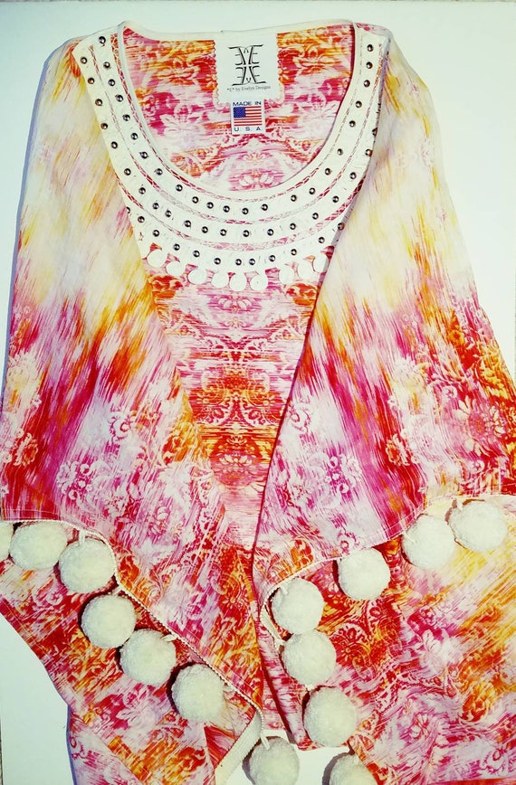 Pom Pom Top Pink And Orange Tunic Large Pom Pom Caftan Etsy Pom Pom Top Pink And Orange Tunic Large Pom Pom Caftan Etsy