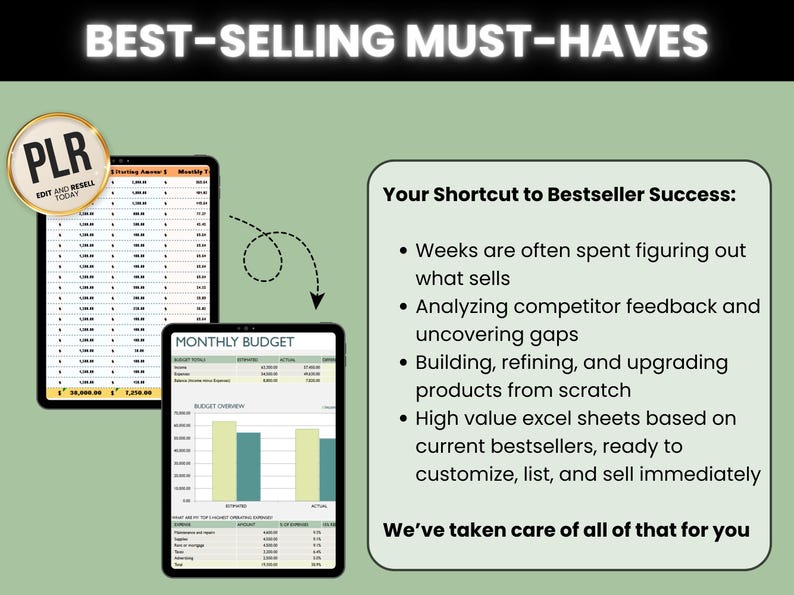 以下が含まれることがあります： 「BEST-SELLING MUST-HAVES」のテキストが表示された画像。2つのタブレットにはスプレッドシートとグラフが表示されています。1つのタブレットには「PLR EDIT AND RESELL TODAY」のロゴがあります。右側のテキストには「Your Shortcut to Bestseller Success」と書かれています。