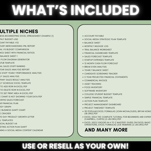 以下が含まれることがあります： 上部に「WHAT'S INCLUDED」というテキストが表示されたデジタル製品画像。この画像には、財務、販売、ビジネス管理ツールなど、複数のニッチ向けのさまざまなExcelスプレッドシートテンプレートがリストされています。「USE OR RESELL AS YOUR OWN！」というテキストが一番下にあります。