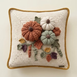 May include: A square crochet pillow in off-white with a mustard yellow border. The center features three-dimensional crocheted pumpkins in rust orange, cream, and sage green, accented with small crocheted leaves in yellow, purple, and green.