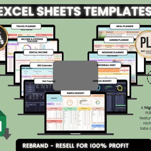 Excel budget and financial planning templates with income tracker and travel planner displayed on laptop screens.