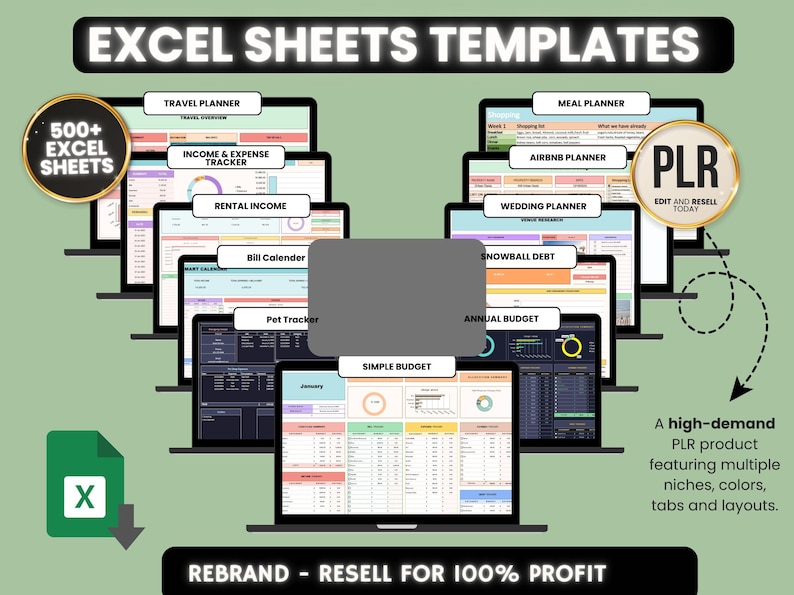 Excel budget and financial planning templates with income tracker and travel planner displayed on laptop screens.