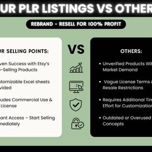 以下が含まれることがあります： 「OUR PLR LISTINGS VS OTHERS」というテキストが入った、PLRリストと他のリストを比較したインフォグラフィック。左側は、実績のある成功や即時アクセスなどのセールスポイントを強調しています。右側は、検証されていない製品や再販制限などの欠点をリストアップしています。