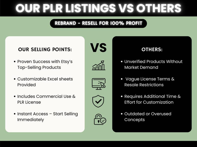 以下が含まれることがあります： 「OUR PLR LISTINGS VS OTHERS」というテキストが入った、PLRリストと他のリストを比較したインフォグラフィック。左側は、実績のある成功や即時アクセスなどのセールスポイントを強調しています。右側は、検証されていない製品や再販制限などの欠点をリストアップしています。