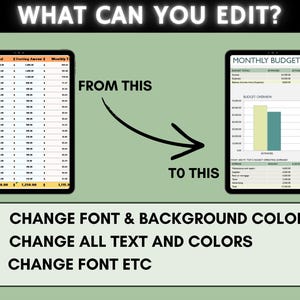 以下が含まれることがあります： スプレッドシートと予算の例を示す2つのタブレットの画像。「WHAT CAN YOU EDIT？」というテキストが上部にあります。その下に、矢印で「FROM THIS」と「TO THIS」と書かれています。下部のテキストは「CHANGE FONT & BACKGROUND COLORS」、「CHANGE ALL TEXT AND COLORS」、「CHANGE FONT ETC」と書かれています。