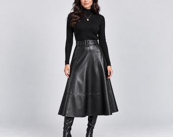Handgemaakte A-lijn leren midi-rok | Maxi-rok met hoge taille voor dames | Elegante leren bovenkleding