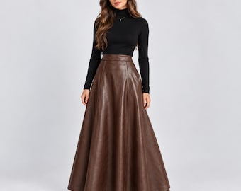 1990s Brown Leather Maxi Skirt | Women's High Waisted  A-Line Vintage Leather Skirt | Genuine Sheepskin Leather Outerwear