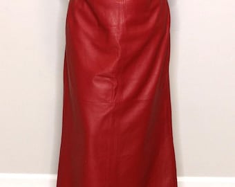 Women Red Leather Skirt – High Waisted Long Midi Skirt with Belt – Vintage Classic Designer Skirt