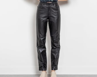 Women Black Real Leather Pants - High Waisted Straight Leg Genuine Leather Trousers | Classic 90s Leather Jeans | Handmade Custom Fit Pants