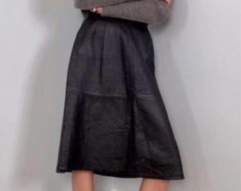 Gonna in pelle nera da donna - Gonna midi in vera pelle - Gonna a trapezio a vita alta - Elegante gonna invernale nera svasata