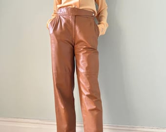 Women’s Tan Brown Real Leather Pants – High Waisted Genuine Leather Trousers | Vintage Style Straight Leg Leather Pants