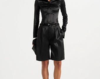 Women's Black Leather Bermuda Shorts | Genuine Leather Pleated Shorts | High Waist Wide Leg Leather Shorts | Luxury Handmade Summer Shorts