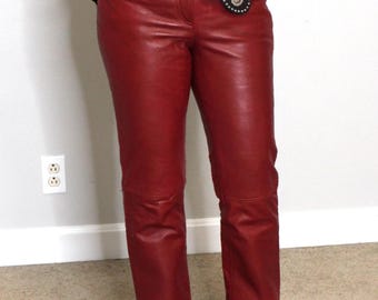 Women's High-Waisted Burgundy Leather Pant | Slim Fit Genuine Leather Trousers | Handmade Real Leather Pant