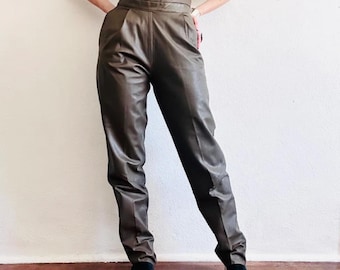 Handgemaakte bruine leren broek – rechte broek met hoge taille voor dames