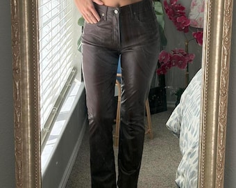 High Waisted Real Leather Pants – Straight Leg Leather Trousers – Minimalist Chic Dark Brown Leather Pants – Fall Winter Outerwear