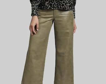 Bruine echt leren broek dames | Leren broek met hoge taille | Rechte broek van schapenvacht | Handgemaakte broek van echt leer