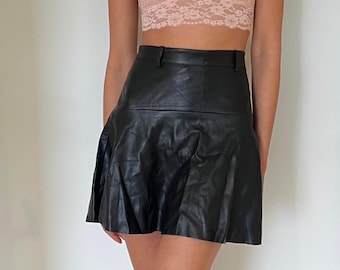 Women Black Leather Mini Skirt | High Waisted Real Leather Skirt | A-Line Flared Leather Skirt | Genuine Leather Handmade Skirt