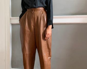 High Waisted Brown Leather Pants | Genuine Leather Trousers for Women | Vintage Style Pleated Pants | Handmade Real Leather Tapered Pants