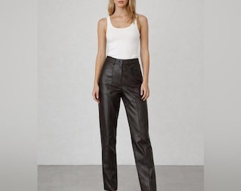 High Waisted Leather Pants Women | Straight Leg Genuine Leather Trousers | Slim Fit Brown Leather Pants | Handmade Leather Pants