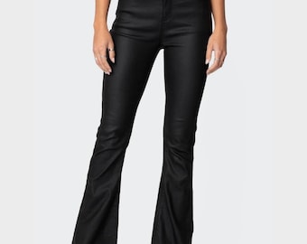 Black Real Leather Pants for Women – High Waist Bell Bottom Genuine Leather Trousers – Vintage 90s Style Leather Pants