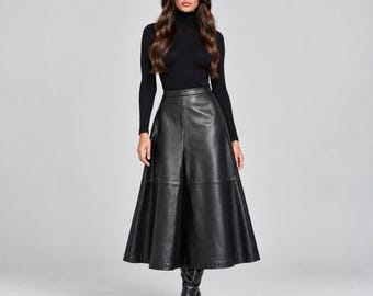 Women's Black Leather Maxi Skirt | High Waist A Line Long Genuine Leather Skirt | Handmade Office Wear Skirt