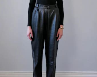 High Waisted Real Leather Pants | Women's Black Tapered Leg Leather Trousers | Chic Pleated Waist Pants | Elegant Minimalist Leather Bottoms