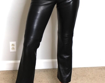 Vintage 90s Black Leather Trousers - High Waisted Crop Kick Flare Leather Pants - Slim Fit Straight-Leg Leather Trousers