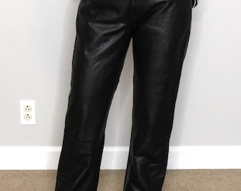 Women’s Black Real Leather Pants | High Waisted Straight Leg Genuine Leather Trousers | Minimalist Streetwear Leather Pant