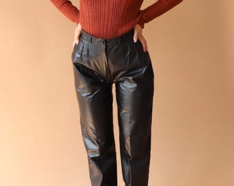 Black Leather High-Waisted Pants – Tapered Genuine Leather Trousers for Women – Straight Leg Leather Pants - Gift For Her