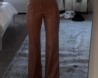 Women's Brown Sheepskin Leather Pants | High Waist Wide Leg Leather Trousers | Vintage 70s Real Leather Pants | Designer Leather Outerwear