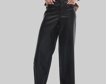 Women's Black Wide-Leg Leather Pants | High Waist Leather Trousers | Handmade Designer Pants | Gift For Her