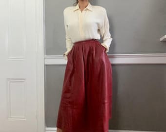 Women High-Waisted Leather Skirt | Burgundy Genuine Leather Midi Skirt | Elegant Vintage-Inspired Skirt | Handmade Leather Skirt