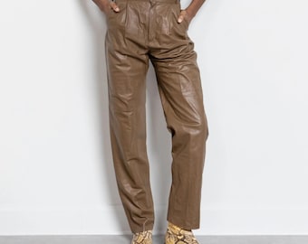 Women Tan Brown Real Leather Pants | High Waisted Pleated Leather Trousers | Vintage Style Straight Leg Pants
