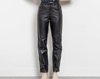 Women Black Leather Pants | High Waist Straight Leg Leather Trousers | 90s Real Leather Pants | Winter Designer Pants