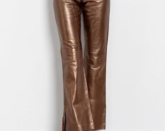 Bruine echt leren broek dames | Leren broek met hoge taille en rechte pijpen | Handgemaakte leren broek | Leren jeans in vintagestijl