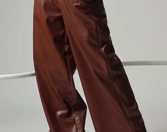 Bruine leren damesbroek | Leren broek met hoge taille en wijde pijpen | Handgemaakte echt leren broek | Cadeau voor haar