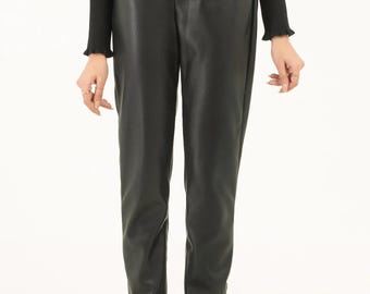 Women Black Leather Pants with Zip Hem | High Waist Sheespkin Leather Trousers | Slim Fit Leather Pants | Designer Women Pants