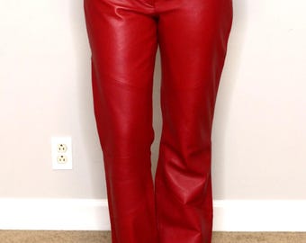 High Waisted Red Leather Pants | Women’s Straight Leg Genuine Leather Trousers | Minimalist Street Style Pants