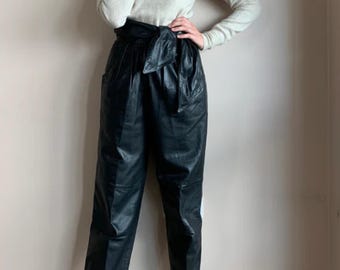 Women High Waisted Black Leather Pants | Tie Waist Real Leather Trousers | Handmade Straight Leg Pants | Genuine Leather Tapered Pants