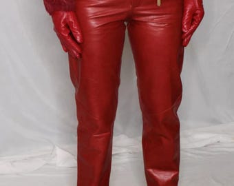 Women's Red Real Leather Pants – High Waisted Genuine Leather Trousers – Straight Leg 90s Leather Pants – Sheepskin Leather Ladies Trouser