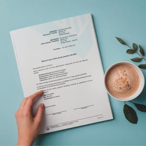 Puede incluir: Un documento blanco con texto en alemán, una mano que señala el documento y una taza de café sobre una superficie azul claro. El documento parece ser un formulario.