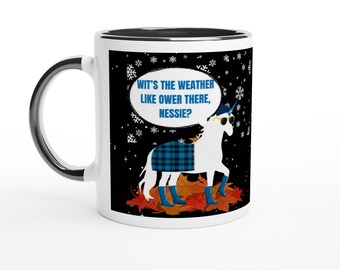 Lustige schottische Wettertasse | Schottische Einhorntasse | Schottland-Geschenk | Kaffeetasse mit schottischem Humor | Fuctifano Hen | Nessie-Tasse