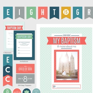 Peut inclure: Un ensemble de décorations de fête de baptême imprimable dans un schéma de couleurs turquoise, rose et jaune. L'ensemble comprend des bannières, des invitations, des décorations pour sacs cadeaux, des décorations pour cupcakes, des emballages pour barres de bonbons et une enveloppe pour bouteille d'eau. Les décorations présentent le texte "Eight is Great" et "Child of God".