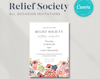 Relief Society Invites, Editable Template, All Occasion Floral Invitation